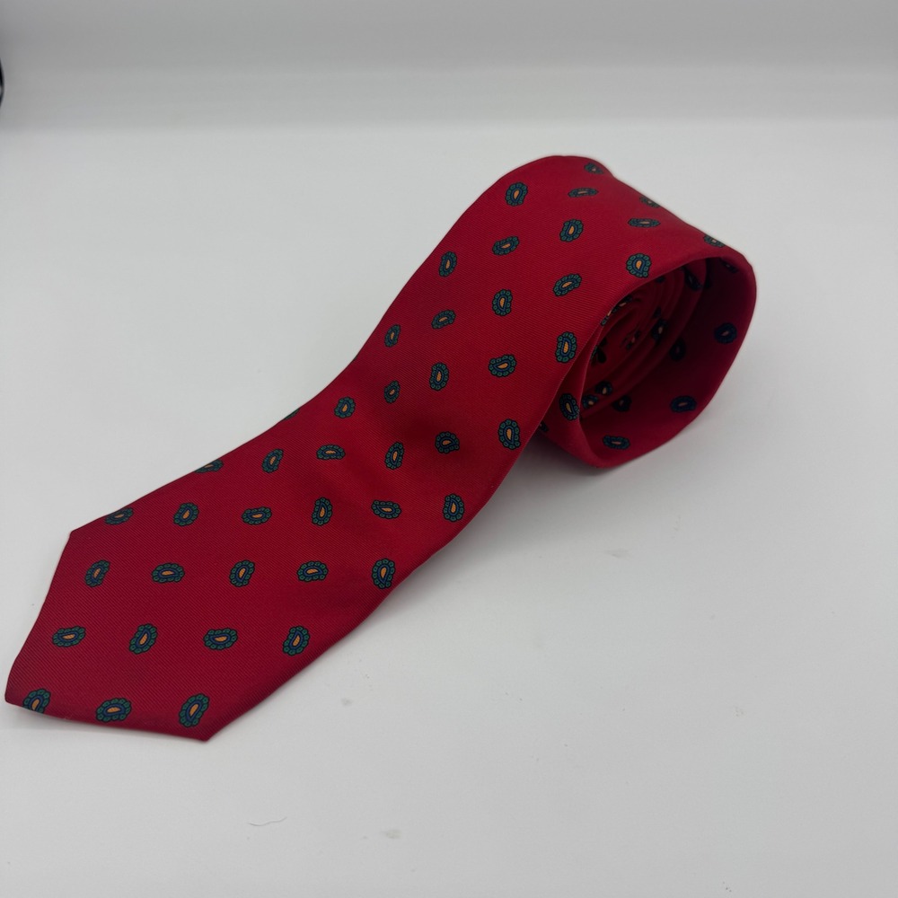 Custom Design Mens Silk Tie Red Green Micro Paisley Teardrop Hand‎ Made Necktie